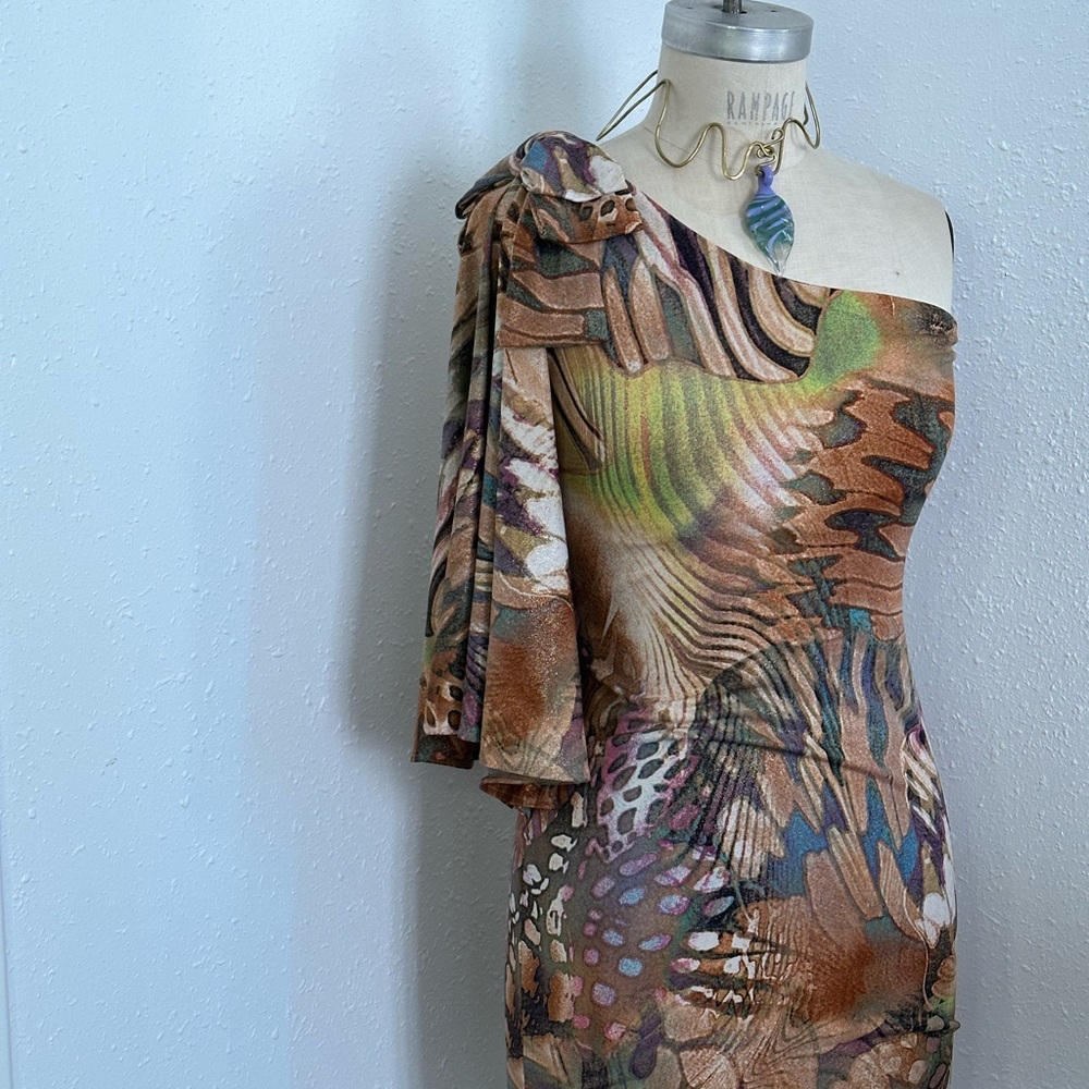 CACHÉ Y2K *RARE* stretchy asymmetric dress butterfly print w. gold metallic - Picture 2 of 7